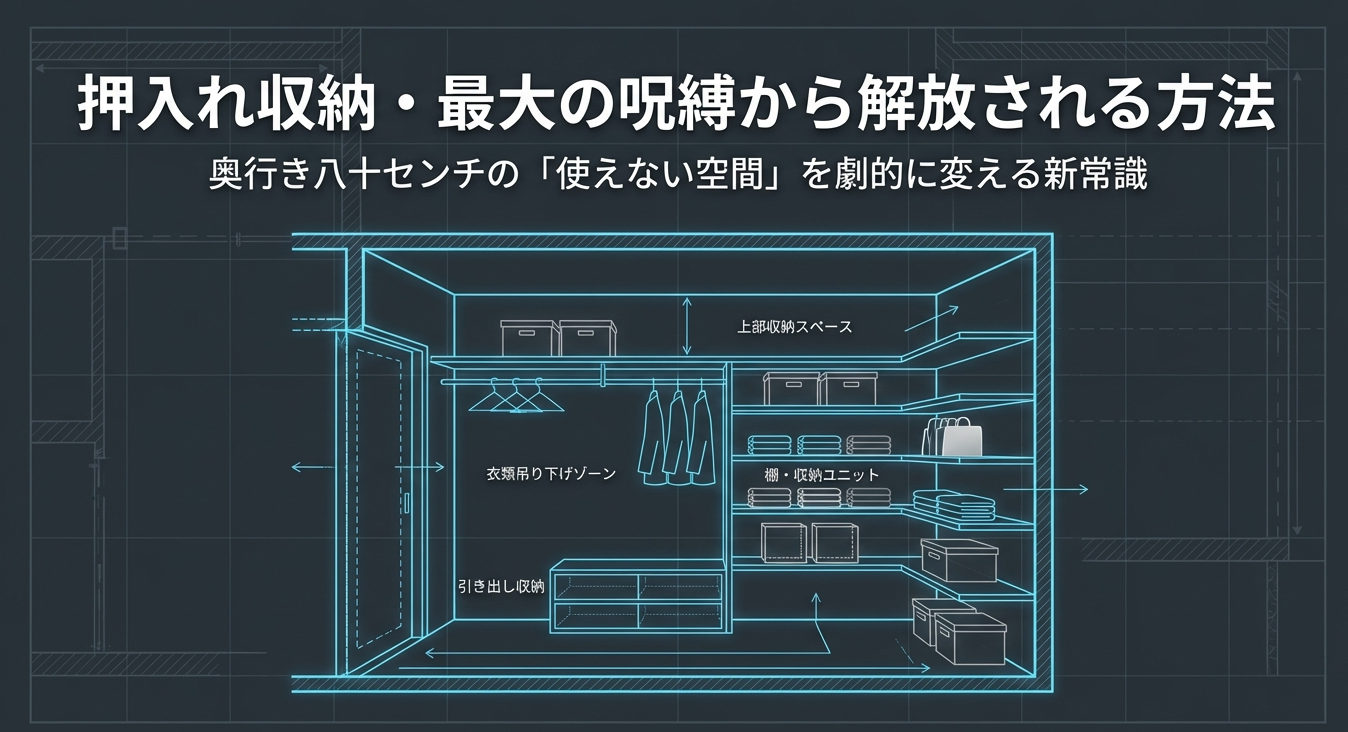 奥行き80cmの押入れを上部収納、衣類吊り下げゾーン、引き出し収納などに分割した全体設計図