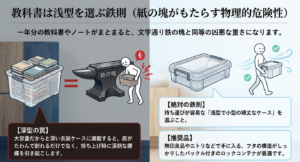 重い深型ケースによる腰痛の危険性と、持ち運びやすい浅型ロックコンテナの比較図
