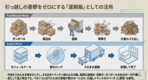 大量のダンボールを使った箱詰めやゴミ出しが発生する従来の引っ越しと、ケースをそのままトラックに積み込めるスマートな引っ越しの比較
