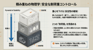 重いものを下段に配置する低重心のピラミッド構造による安定性の確保と、天板荷重・底板荷重の違いを示した図