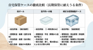 段ボール、100均の箱、密閉樹脂ケースにおける密閉防湿・防虫・耐久性能の徹底比較表