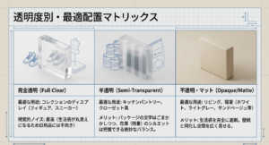 完全透明、半透明、不透明・マットの3種類のケースにおける視覚的ノイズの違いと、最適な用途を比較した表
