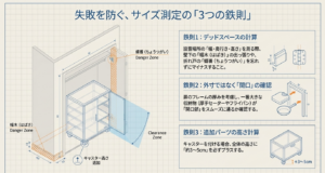 幅木や蝶番によるデッドスペースの計算、扉の間口の確認、キャスター高さを考慮した収納スペースの正しい測り方の図解