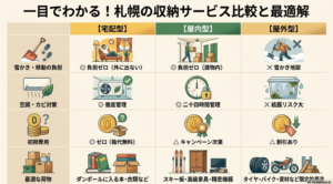 宅配型・屋内型・屋外型の札幌の収納サービス料金と環境の比較表
