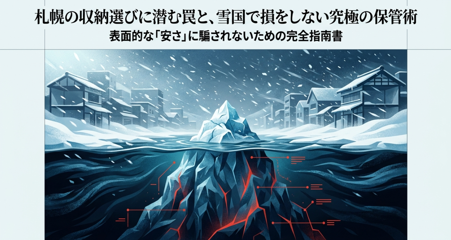 札幌の収納選びに潜む罠と究極の保管術を示す氷山のイラスト