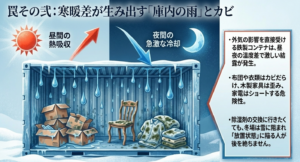冬の寒暖差によるトランクルーム庫内の結露発生とカビ・故障のリスク